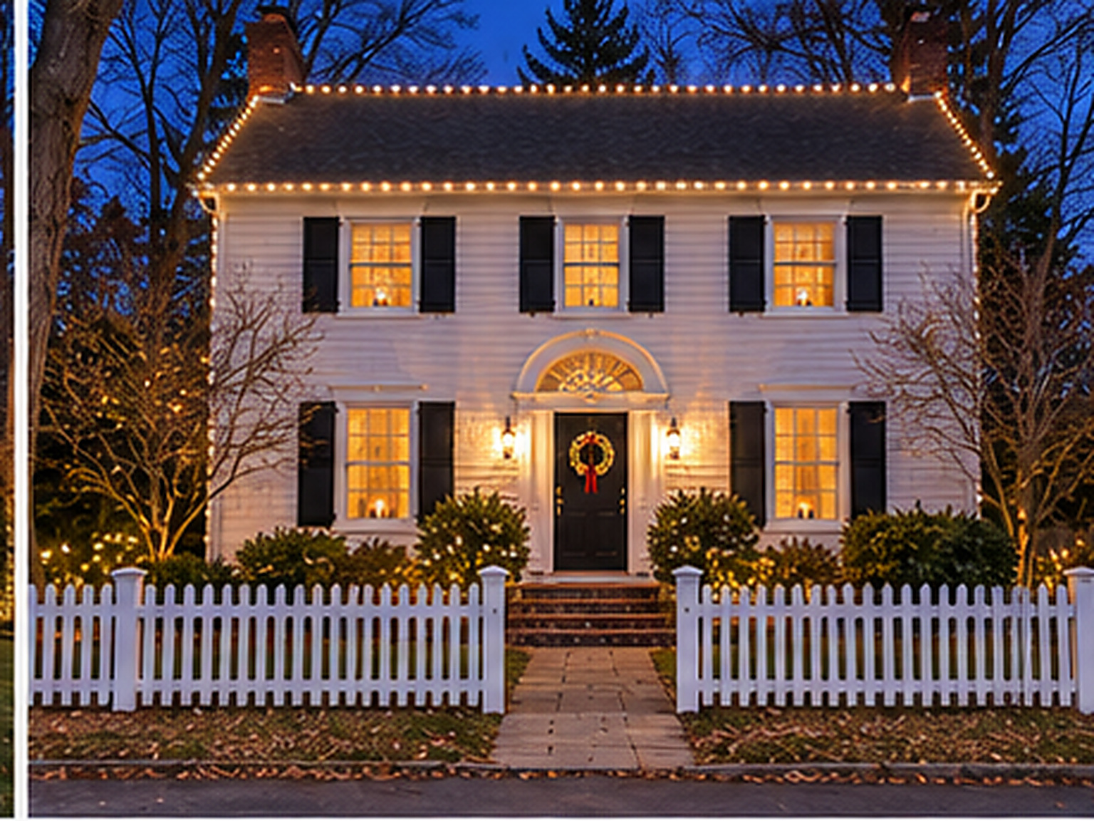 Home in Southport, CT lit with warm white Christmas lights