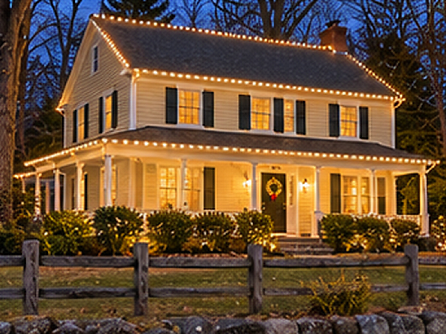 Home in Easton, CT lit with warm white Christmas lights