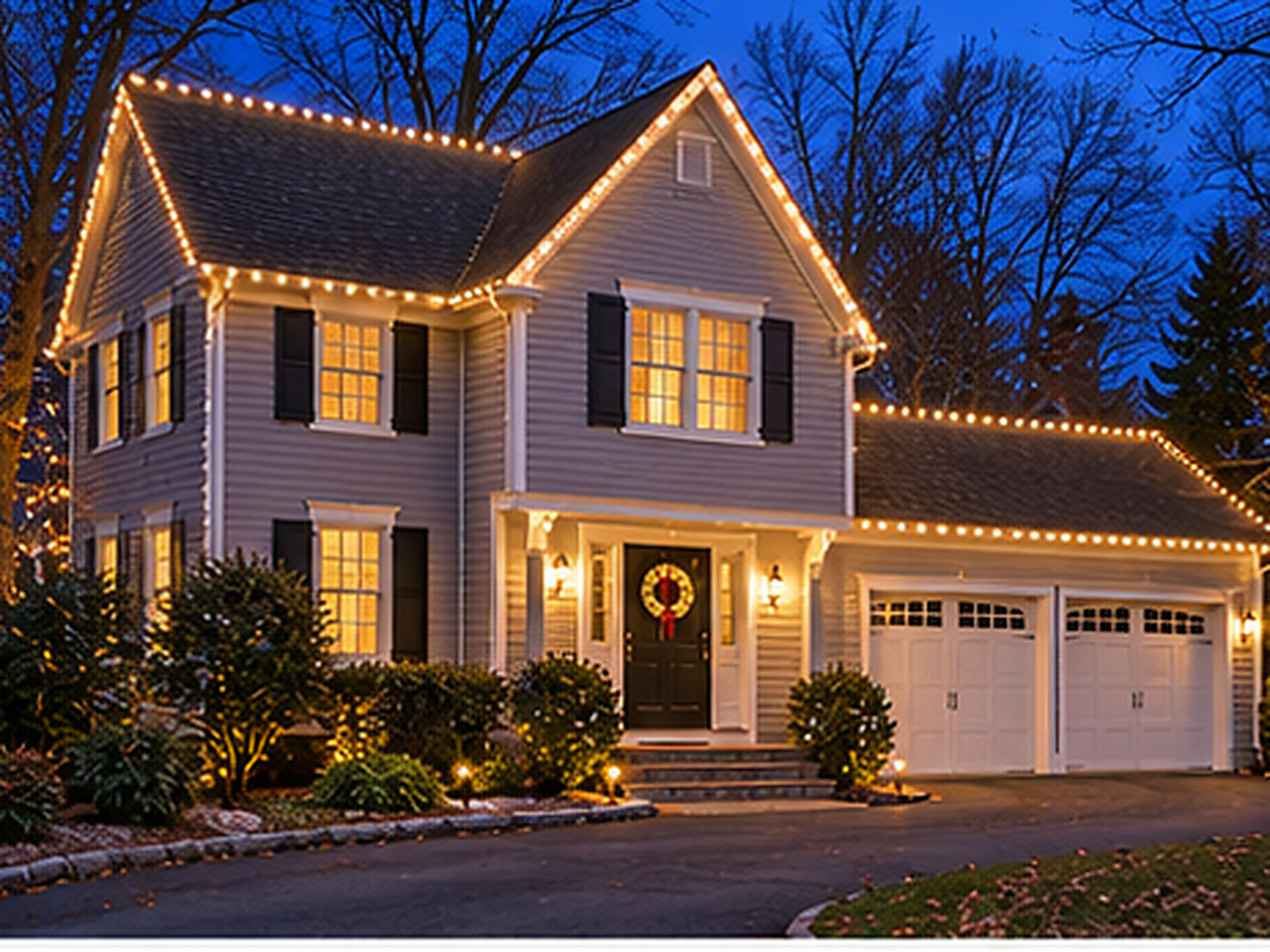Home in Trumbull, CT lit with warm white Christmas lights