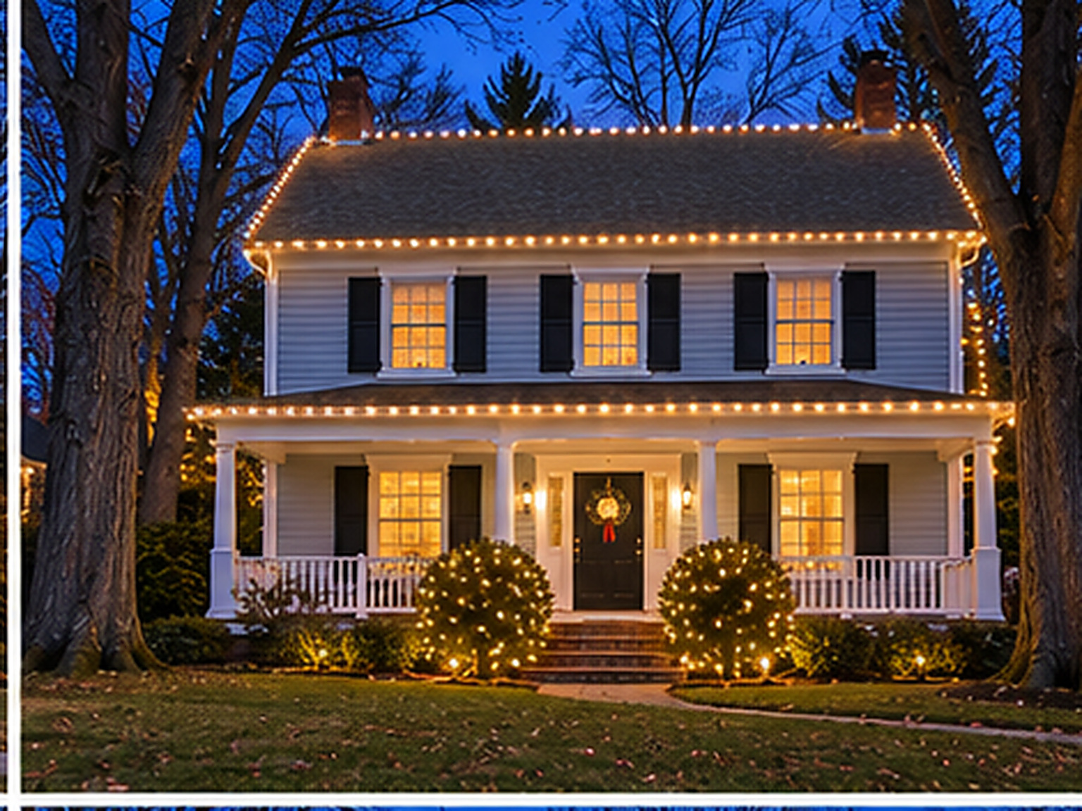 Home in Fairfield, CT lit with warm white Christmas lights
