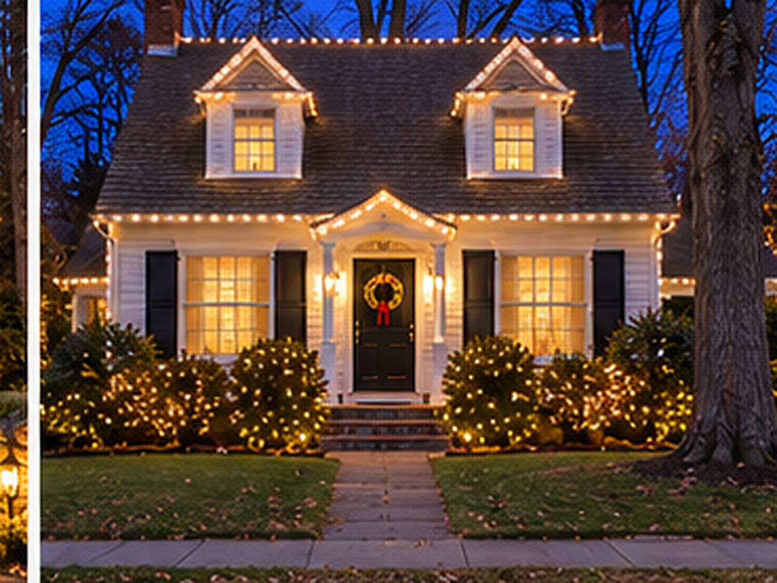 Home in Stratford, CT lit with warm white Christmas lights