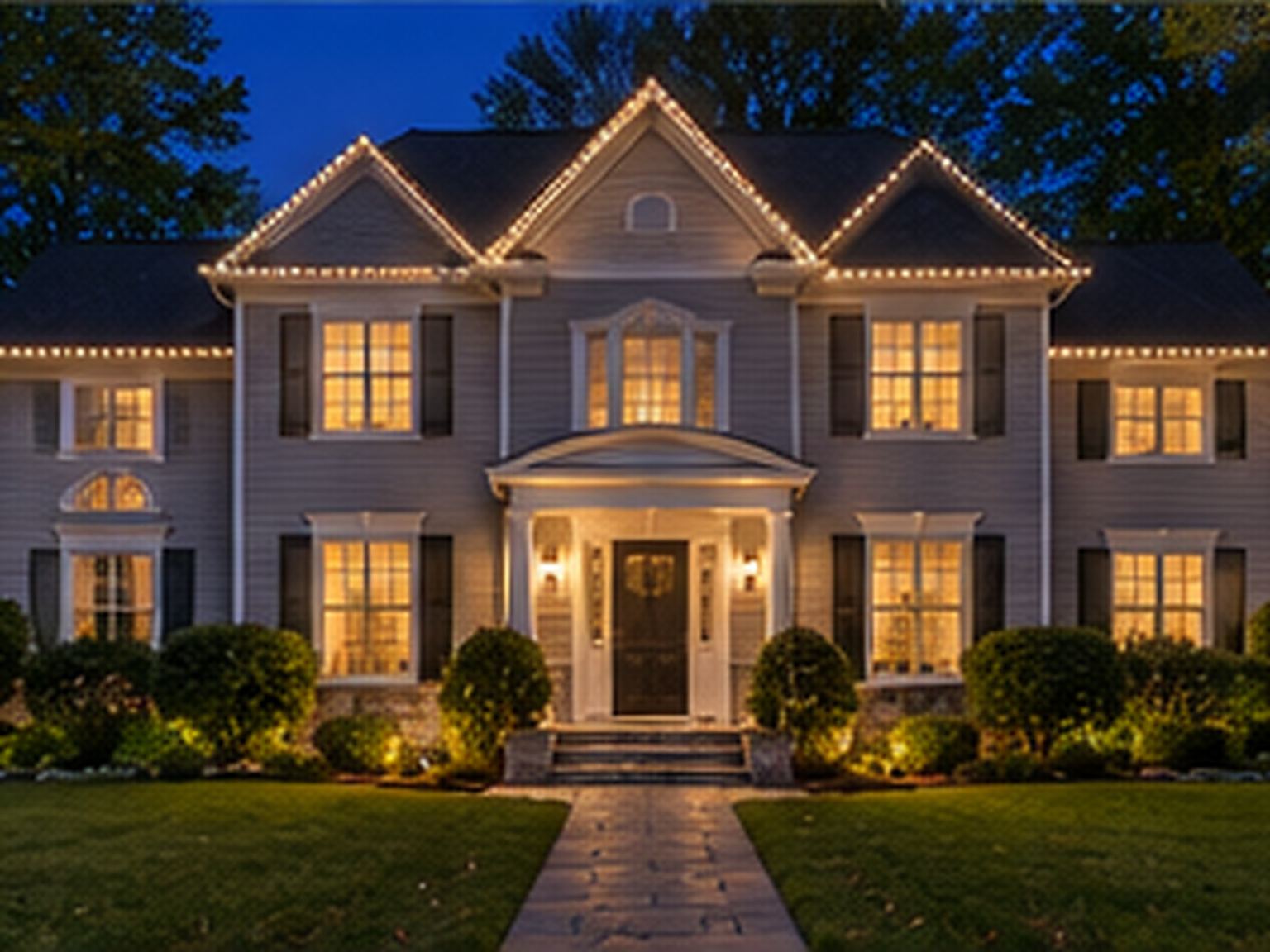 Permanent roofline lights in soft warm white accent lighting