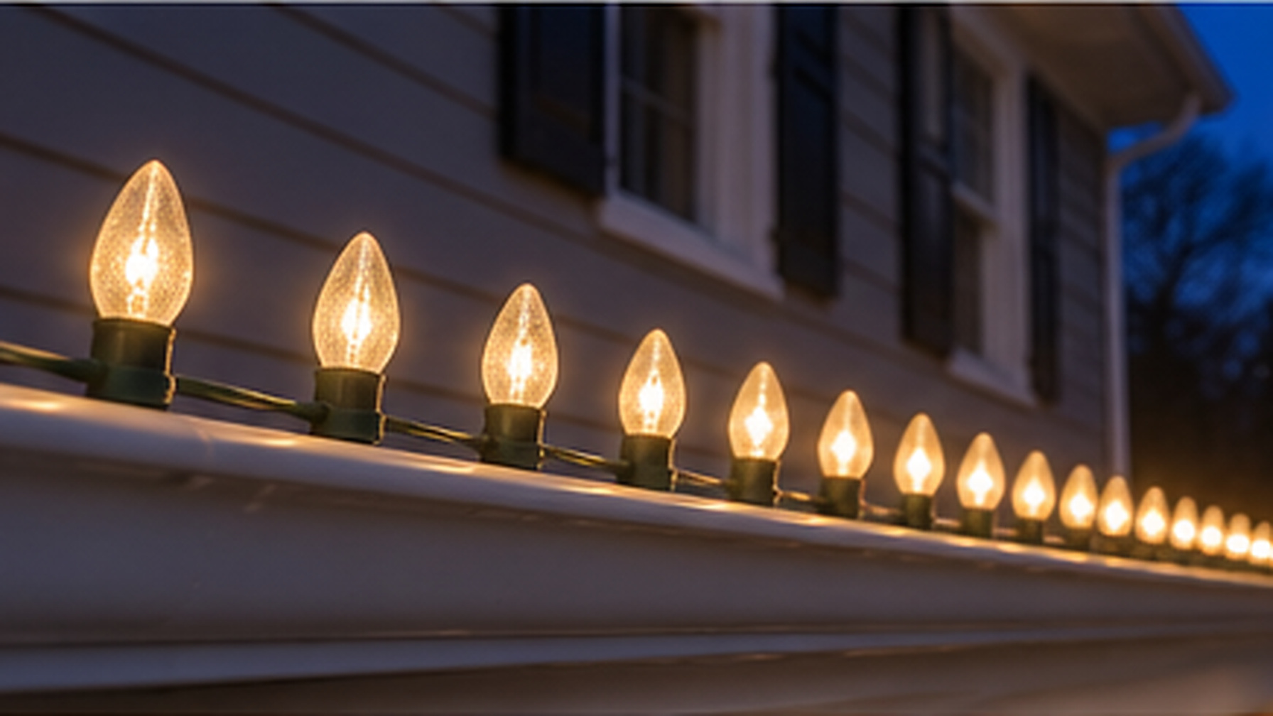 Warm white C9 bulbs spaced 1 foot apart on a gutter