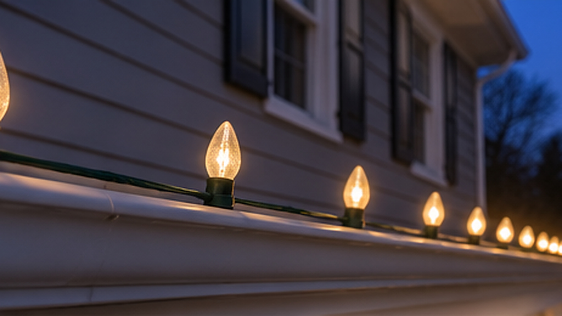 Warm white C9 bulbs spaced 2 feet apart on a gutter