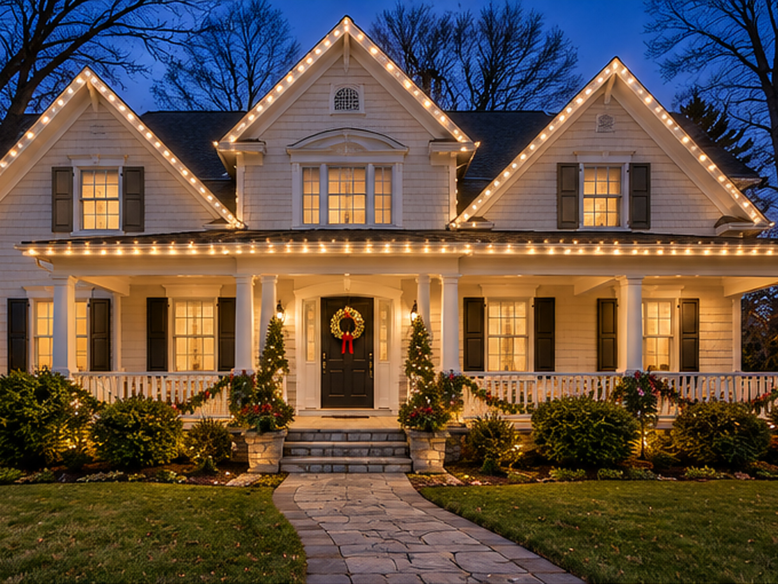 Shingle-style home with every roofline lit in warm white Christmas lights