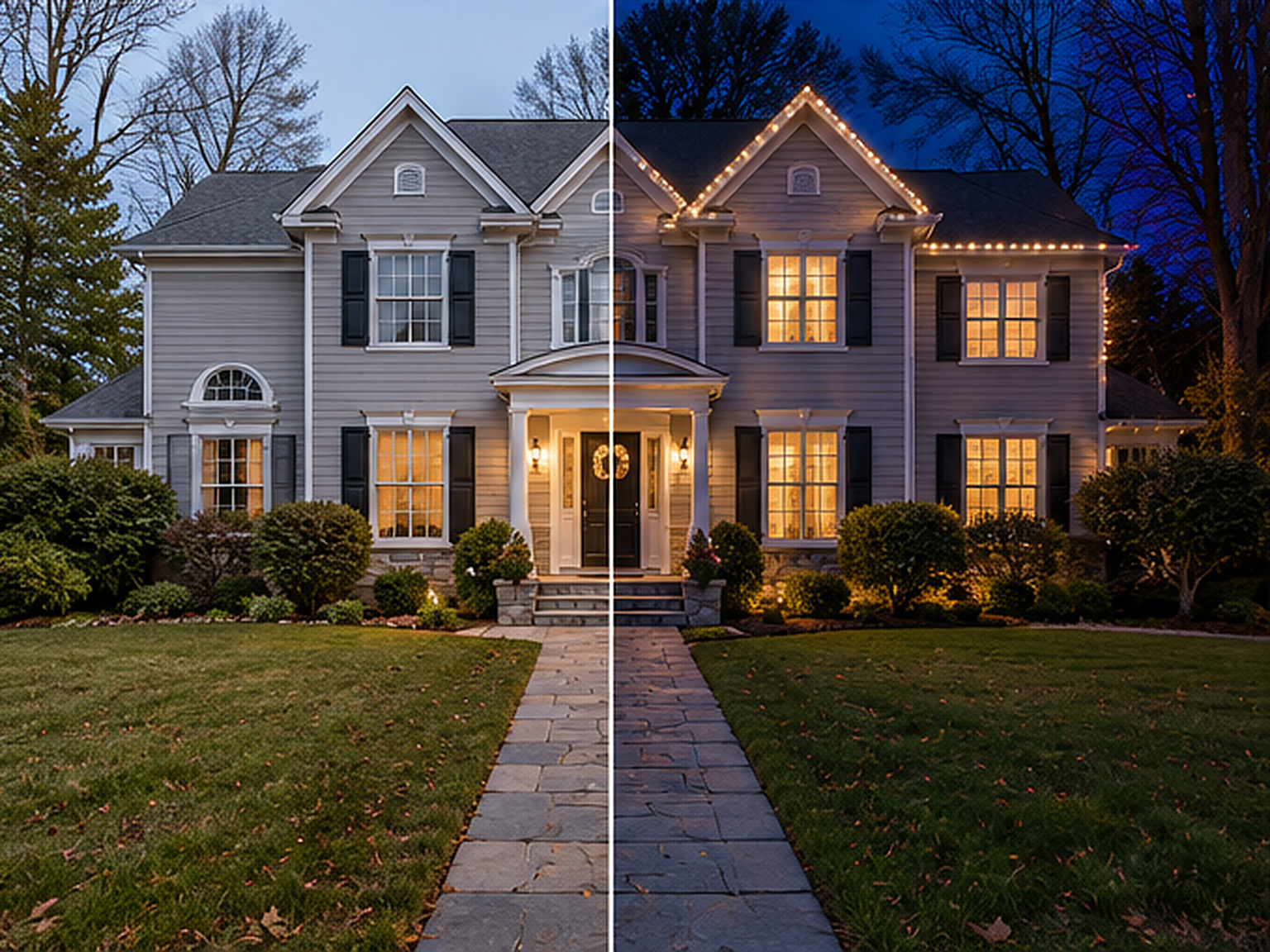 Colonial showing a hidden permanent light track by day and lit at night