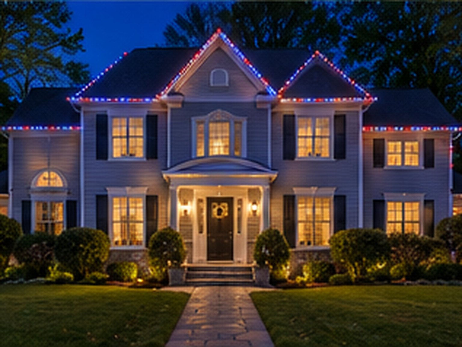 Permanent roofline lights set to red, white and blue for the 4th of July