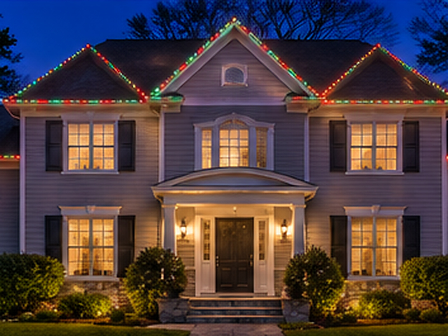 Permanent roofline lights set to red and green for Christmas