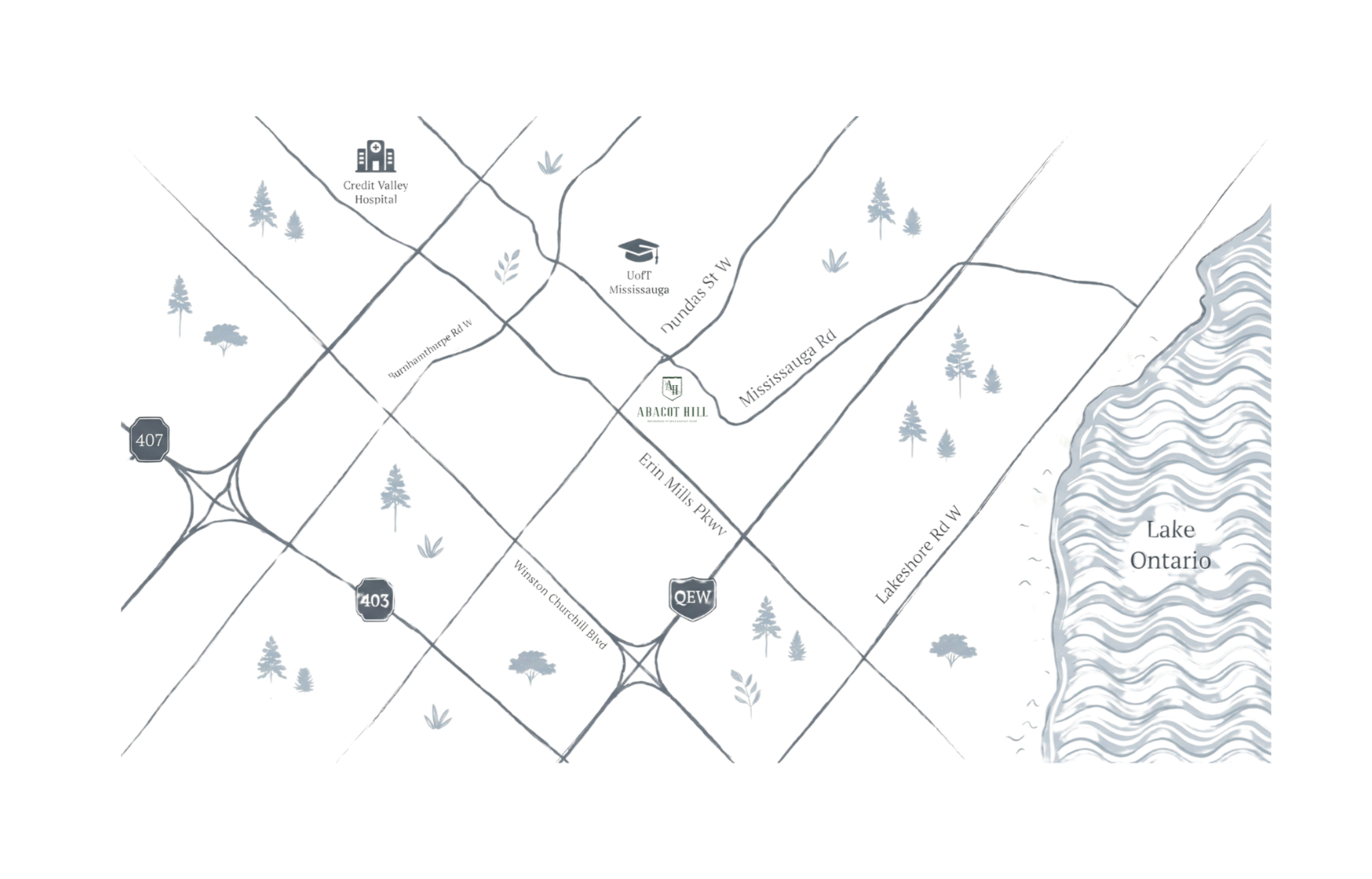 Map of Abacot Hill near Mississauga Road, Dundas St W, Erin Mills Pkwy, Hwy 403 and the QEW