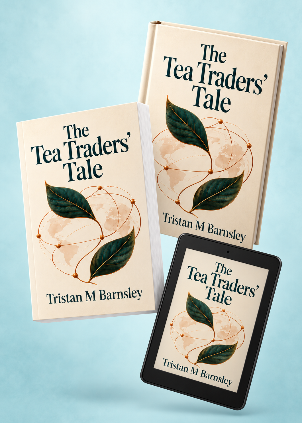 Images of the same book as an ebook on an ereader, a paperback and hardback