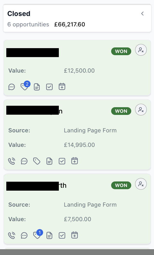 ODL Outdoor Living pipeline showing £66,217 closed across 6 won opportunities