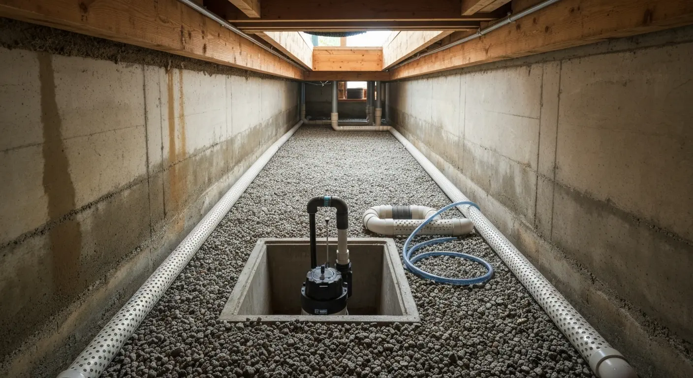 Crawlspace drainage system installation