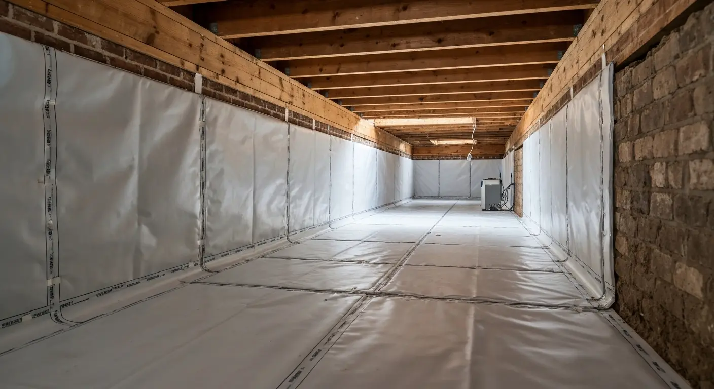 Crawlspace encapsulation with vapor barrier