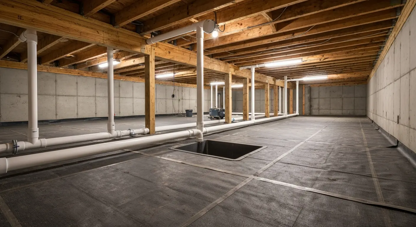 Crawlspace waterproofing and drainage system