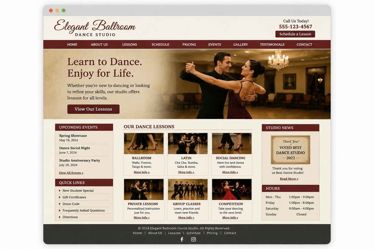 Outdated ballroom dance studio website