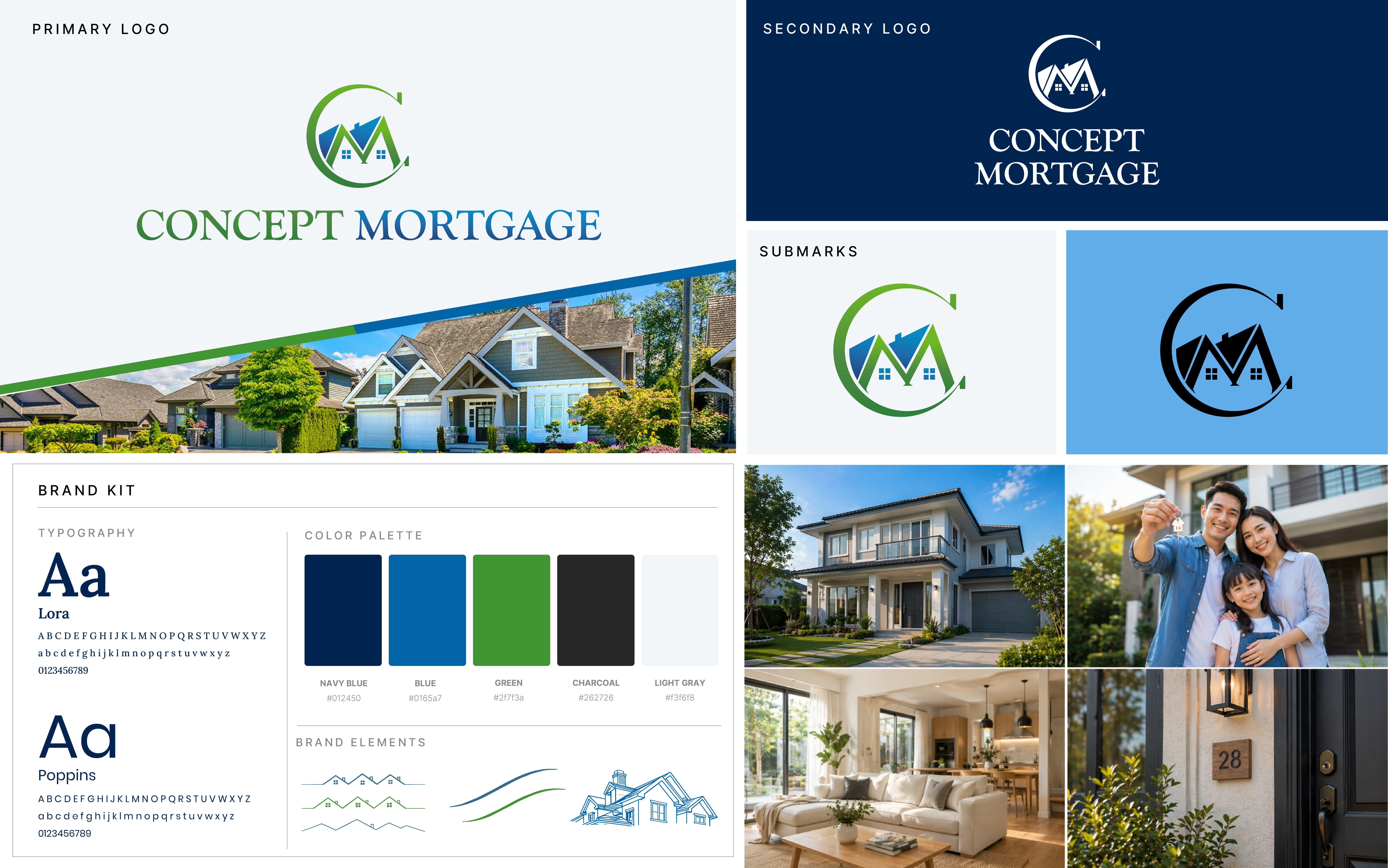 Concept Mortgage brand kit highlights — primary logo, secondary logo, submarks, typography, color palette, brand elements, and applications