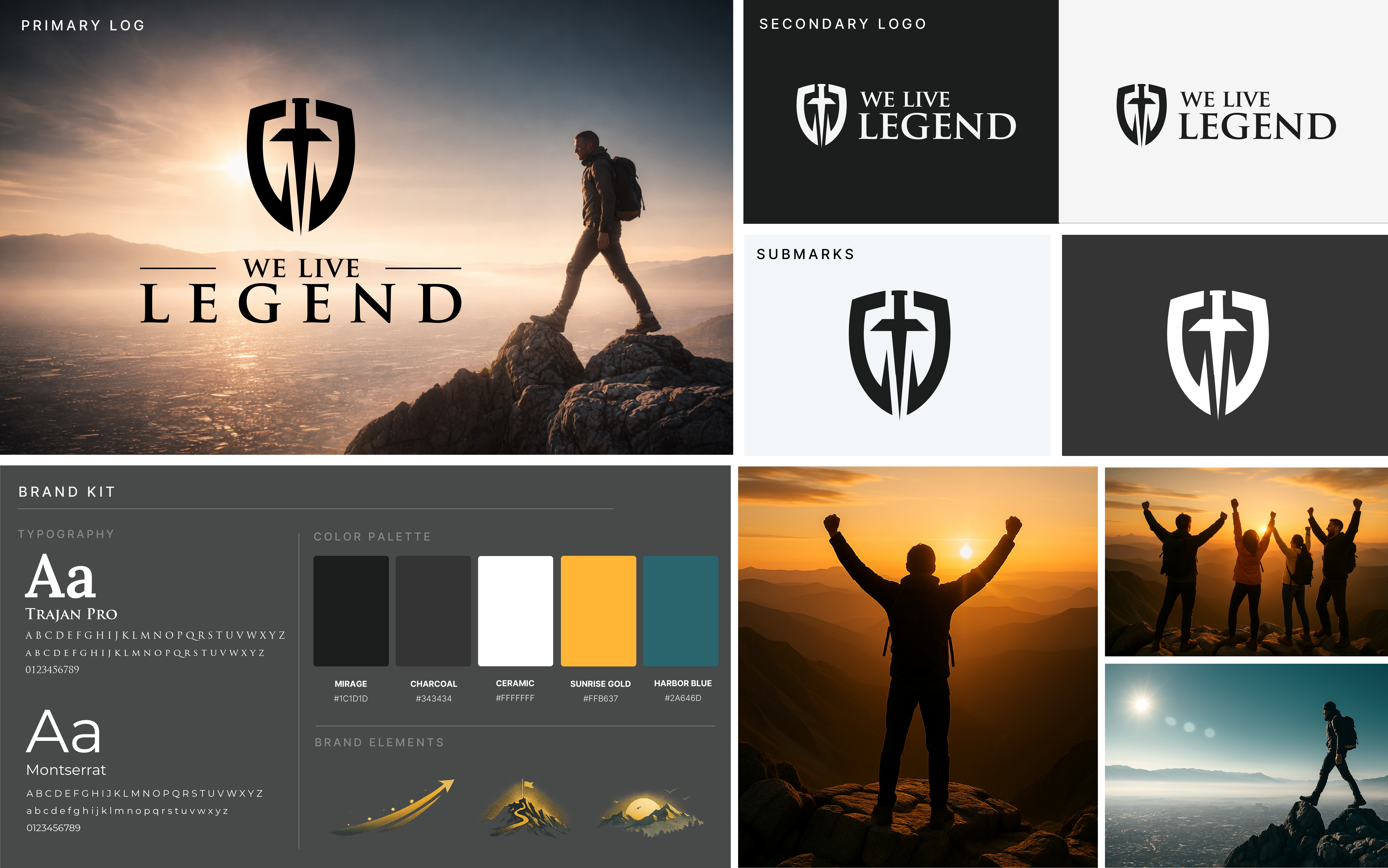 We Live Legend brand kit highlights — primary logo, secondary logo, submarks, typography, color palette, brand elements, and applications