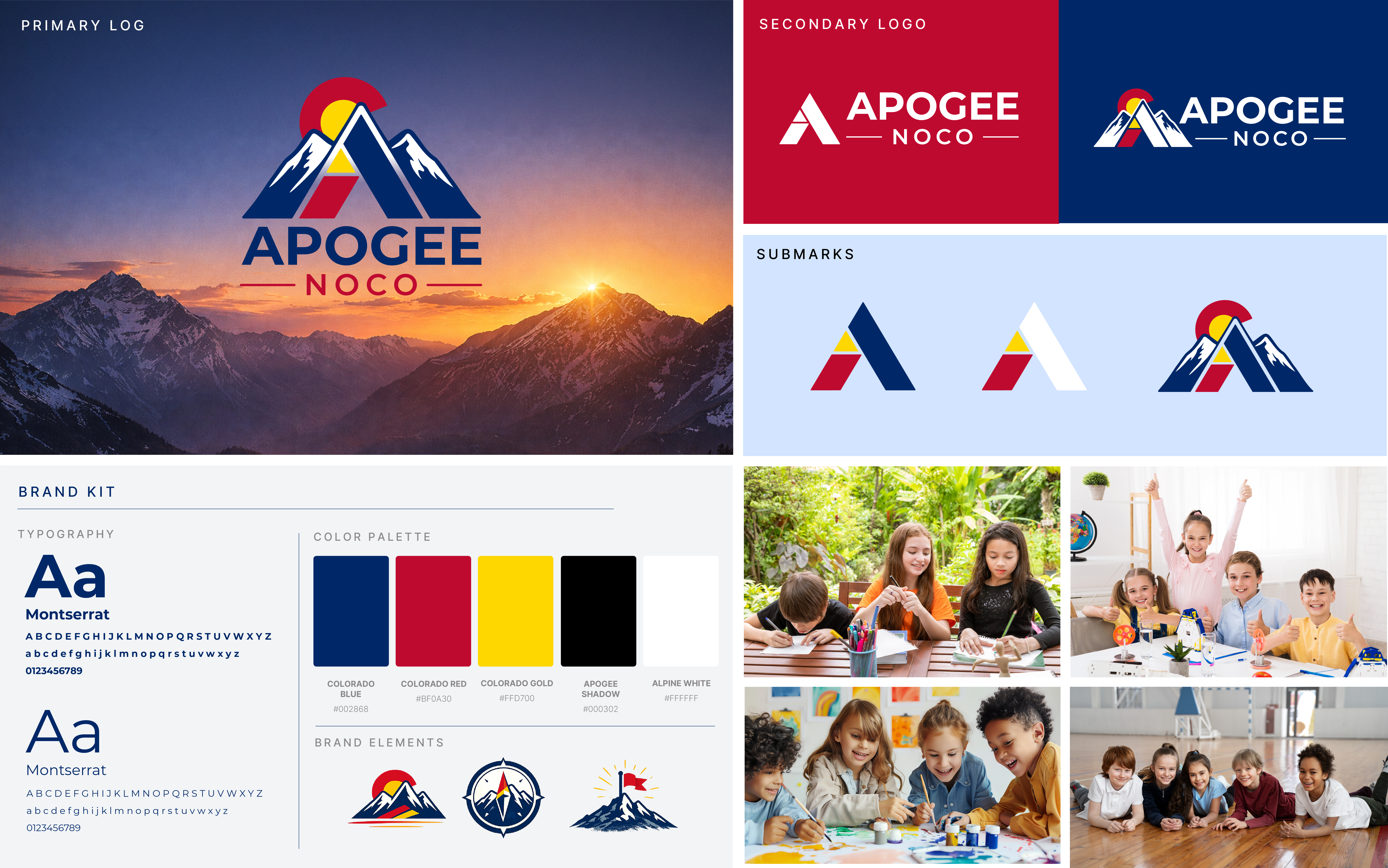 Apogee NoCo brand kit highlights — primary logo, secondary logo, submarks, typography, color palette, brand elements, and applications
