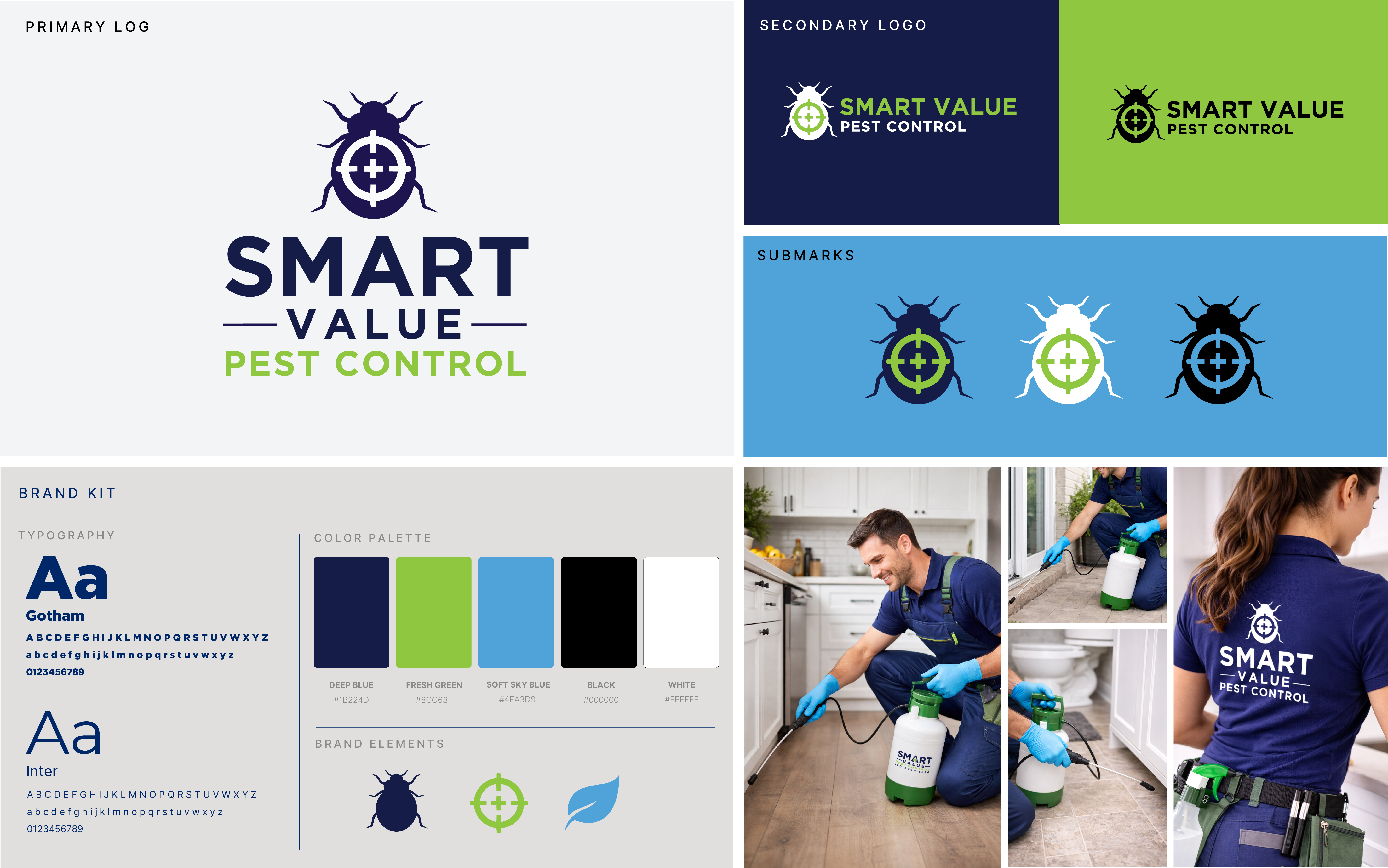 Smart Value Pest Control brand kit highlights — primary logo, secondary logo, submarks, typography, color palette, brand elements, and applications