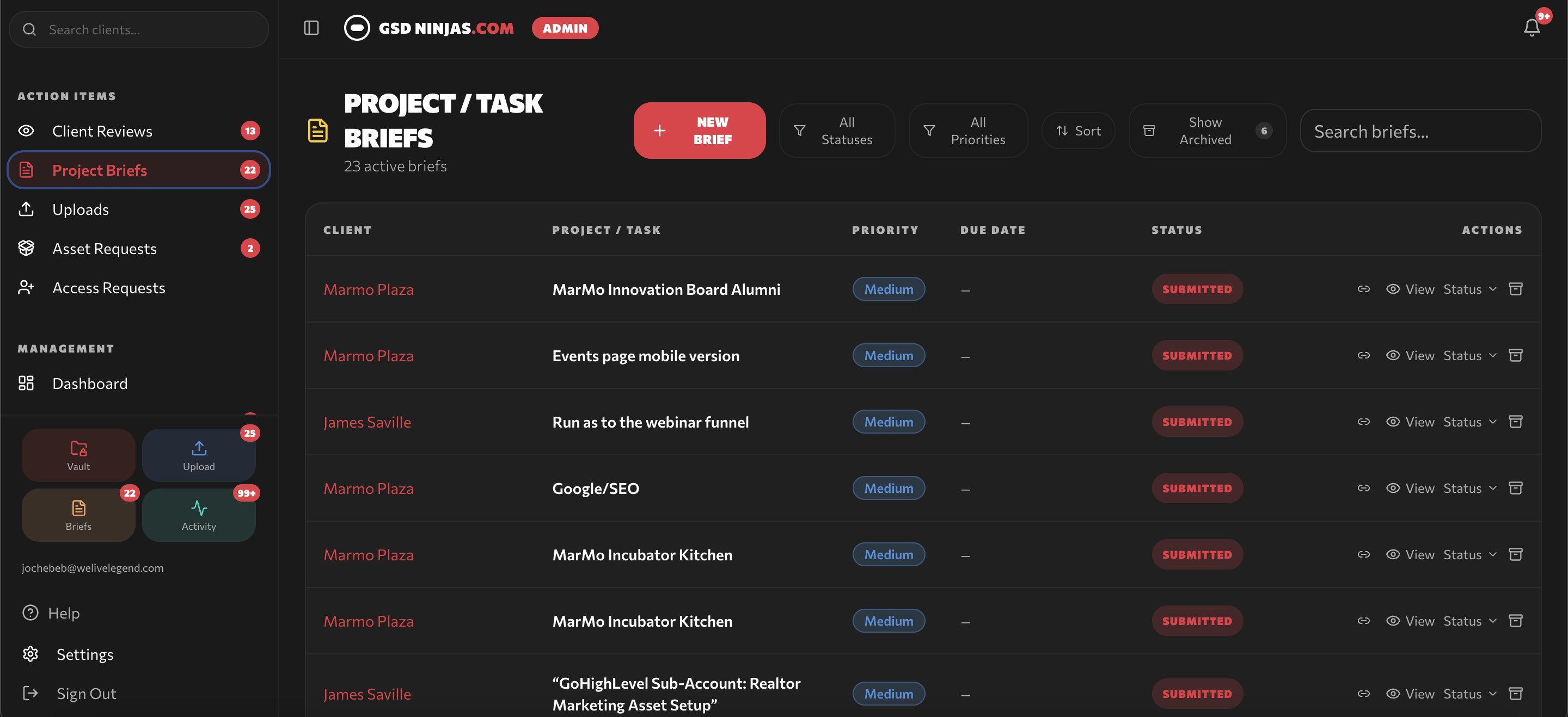 Project tasks and briefs