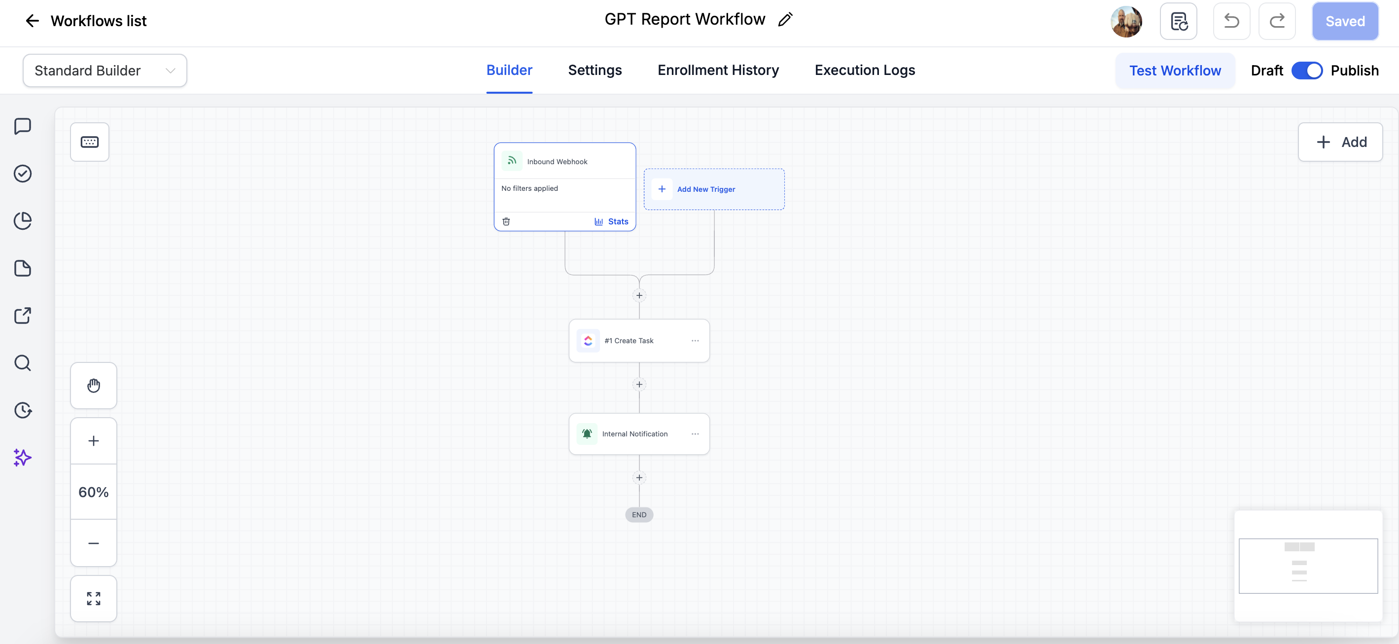 Behind-the-scenes automation workflow connecting the AI to ClickUp