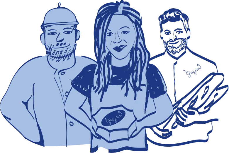 Illustration of three Grégoire team members holding a hexagon takeout box
