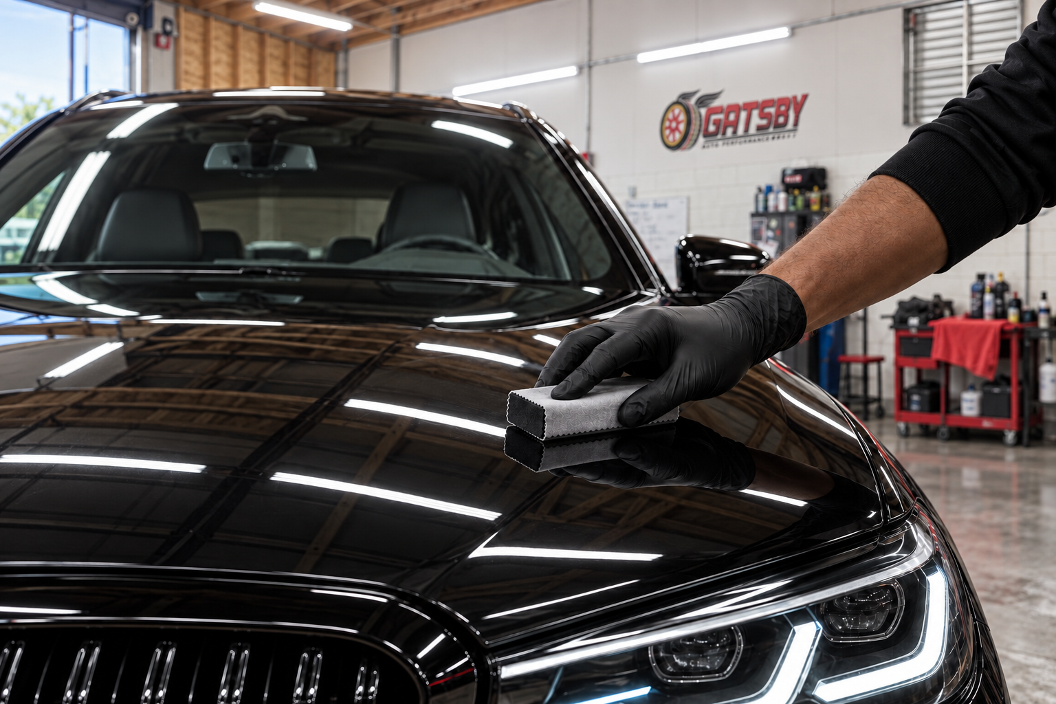 Ceramic coating applied to a black hood