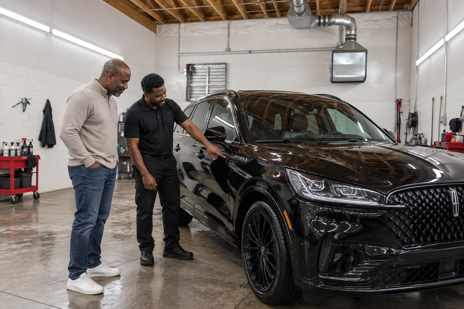Technician reviewing the finished vehicle with the customer