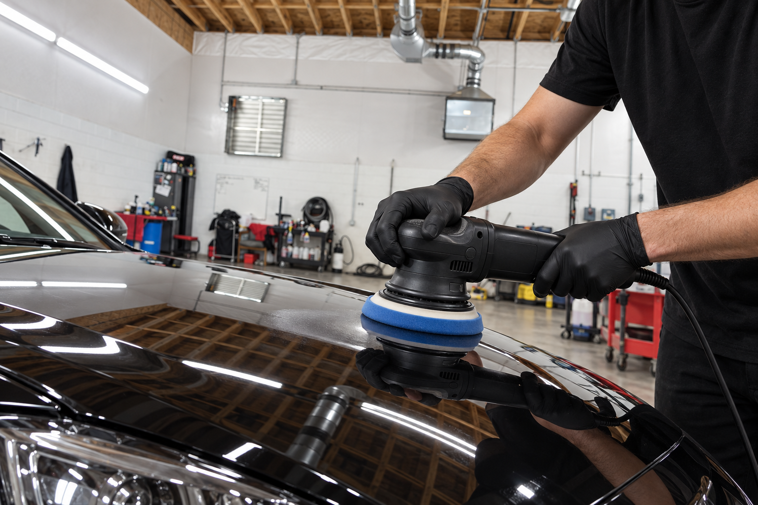 Machine polishing black paint during a paint correction