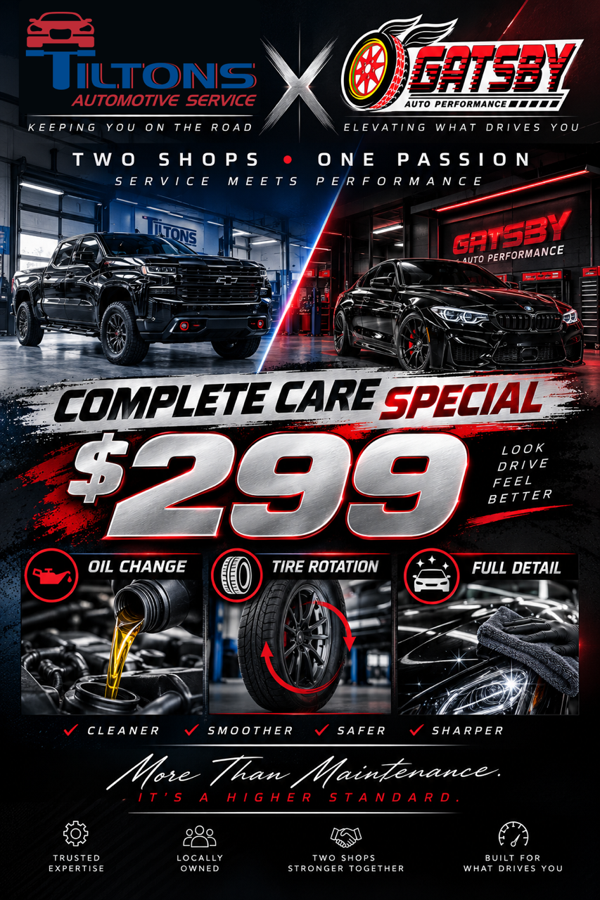 Gatsby Auto Performance and Tilton's Automotive Service Complete Care Special — oil change, tire rotation and full detail for $299
