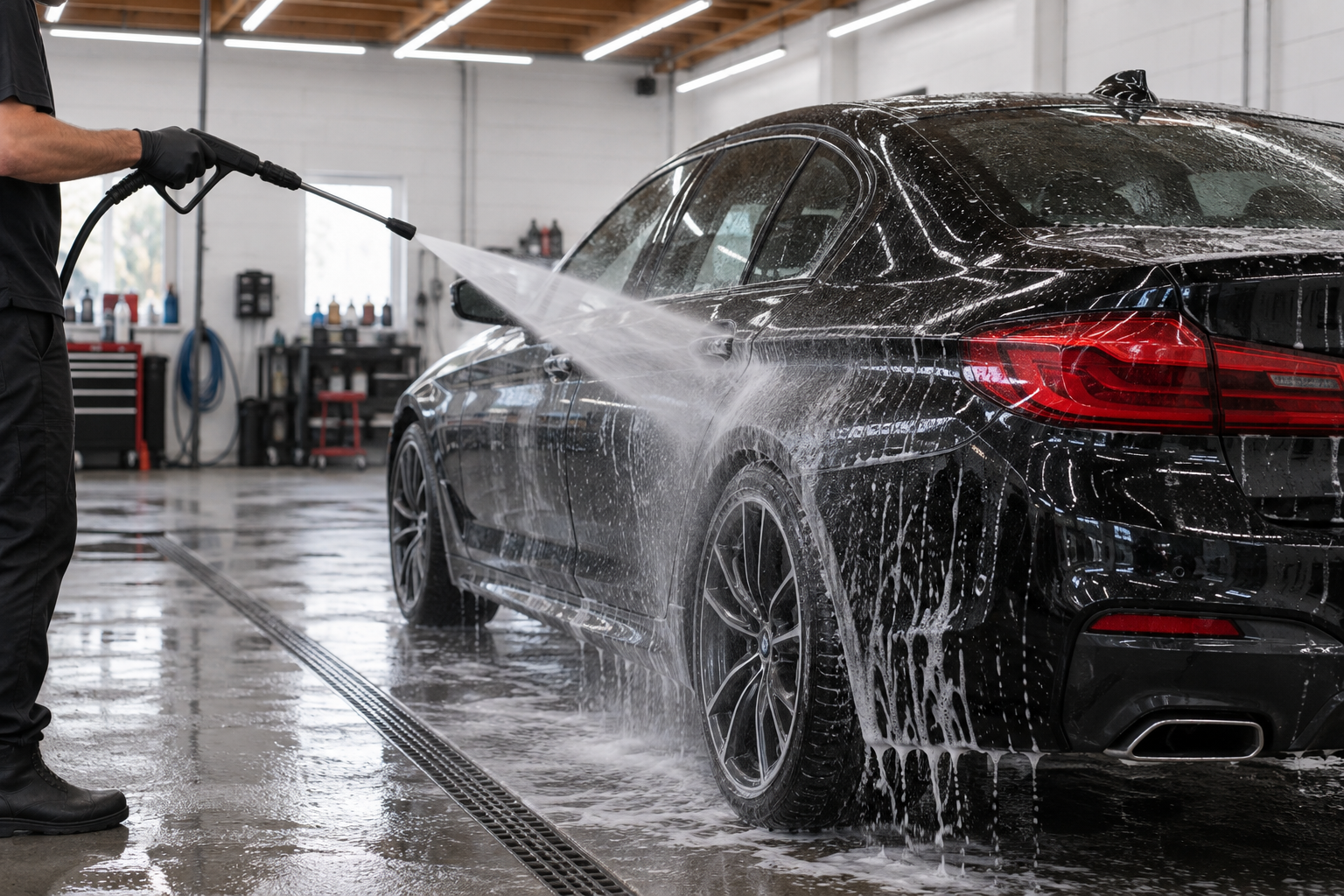Pressure-rinsing soap from the side of a black sedan in a wash bay