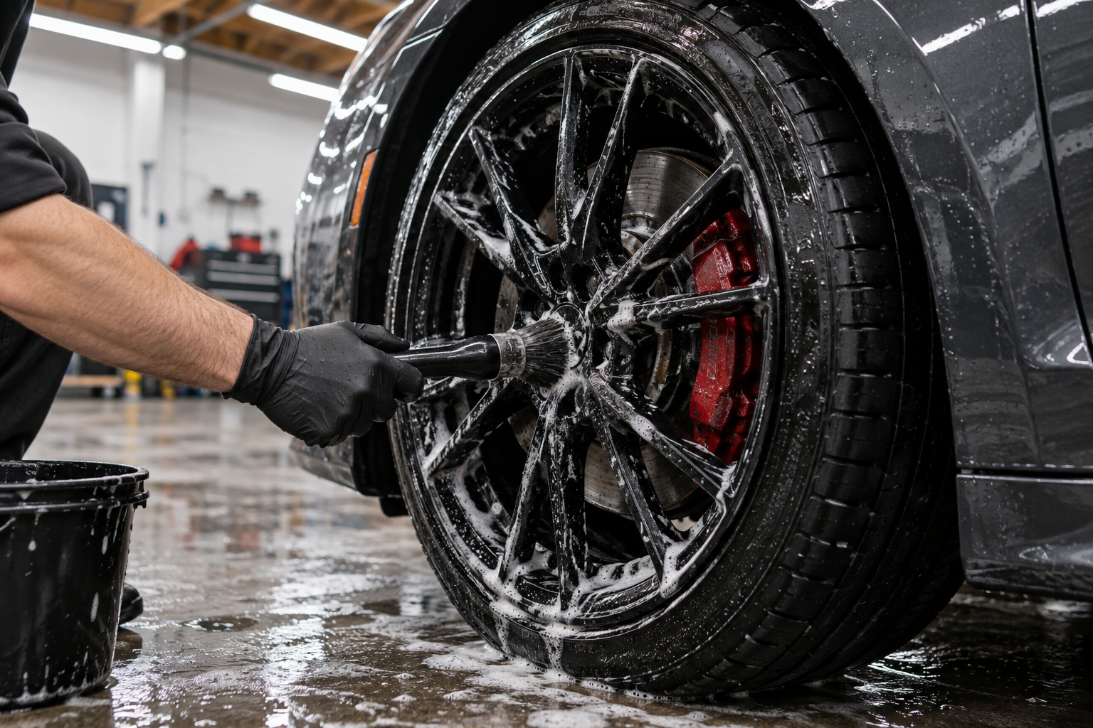 Cleaning a foam-covered alloy wheel and tyre with a detailing brush