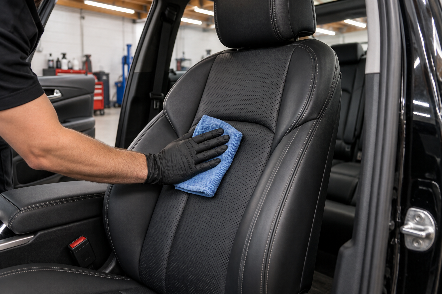 Conditioning a black leather seat with a microfibre cloth inside a detailing bay