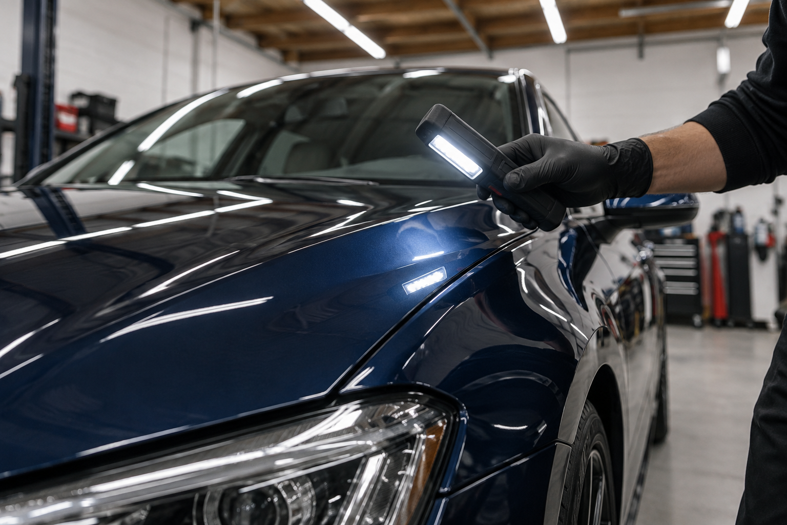 Inspecting glossy dark blue paint with a handheld inspection light