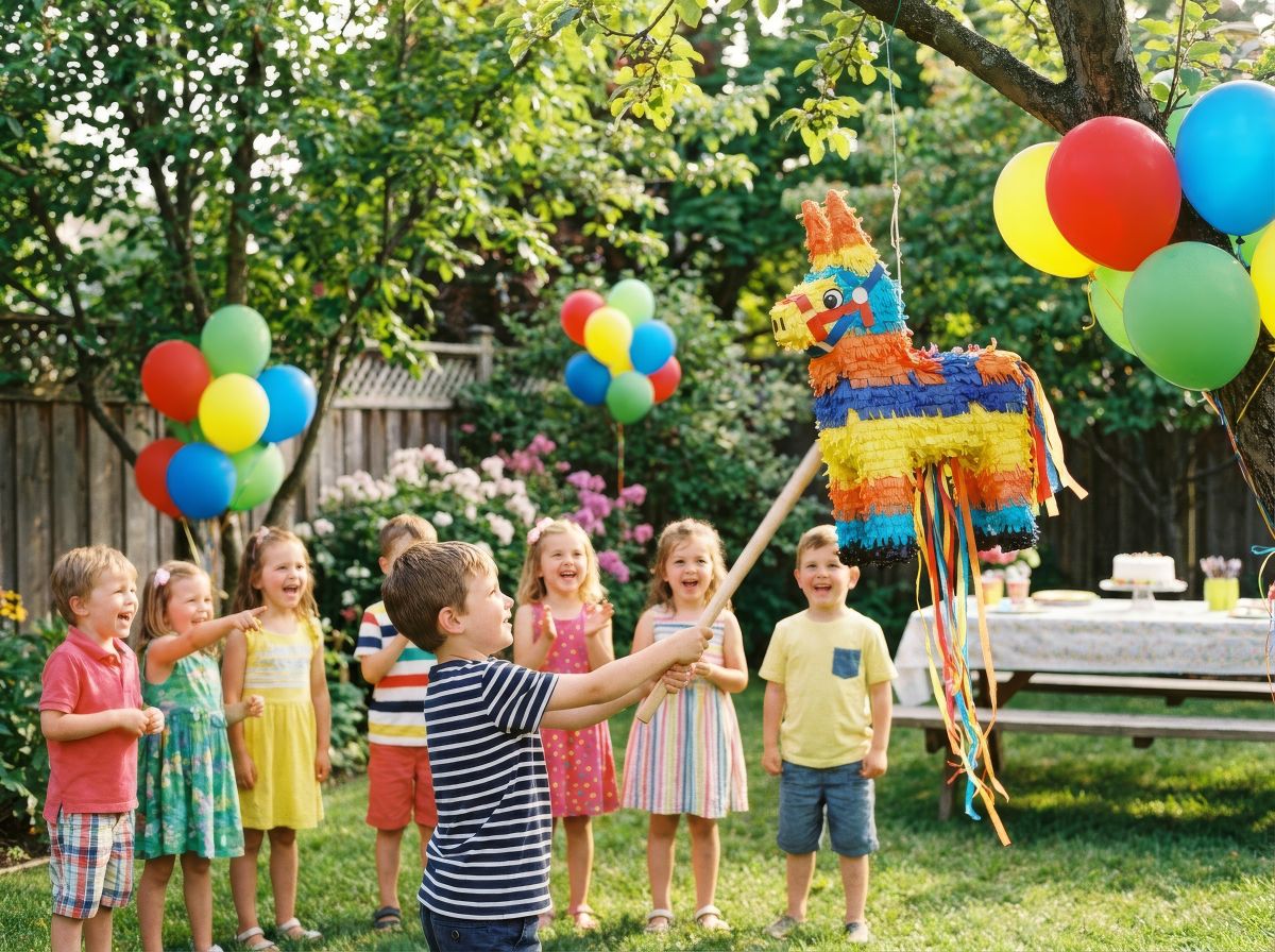 Children laughing during a colorful piñata party