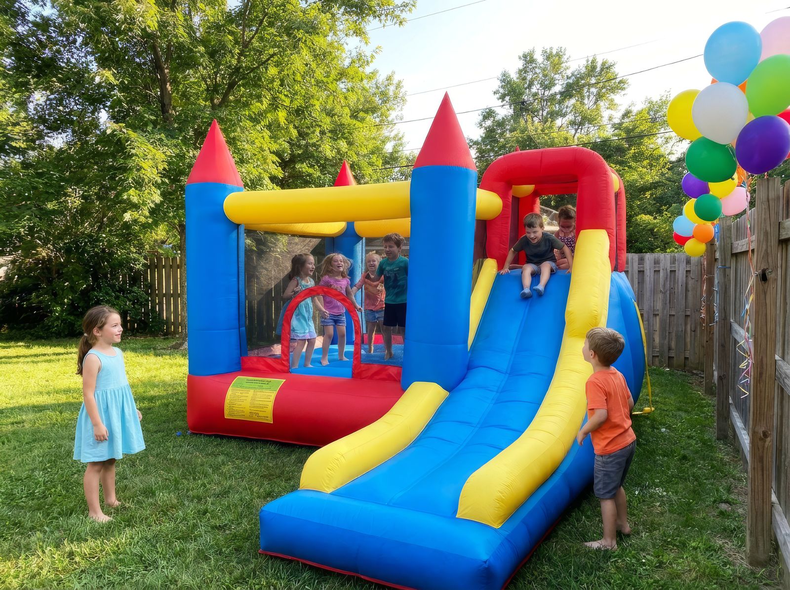 Children playing on a colorful bounce house slide