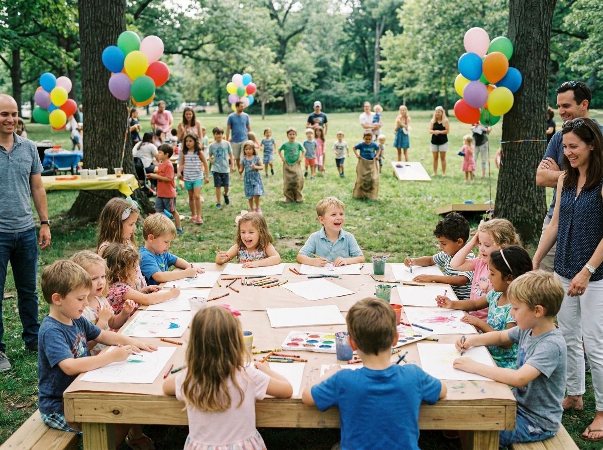 Children making crafts at an outdoor party table