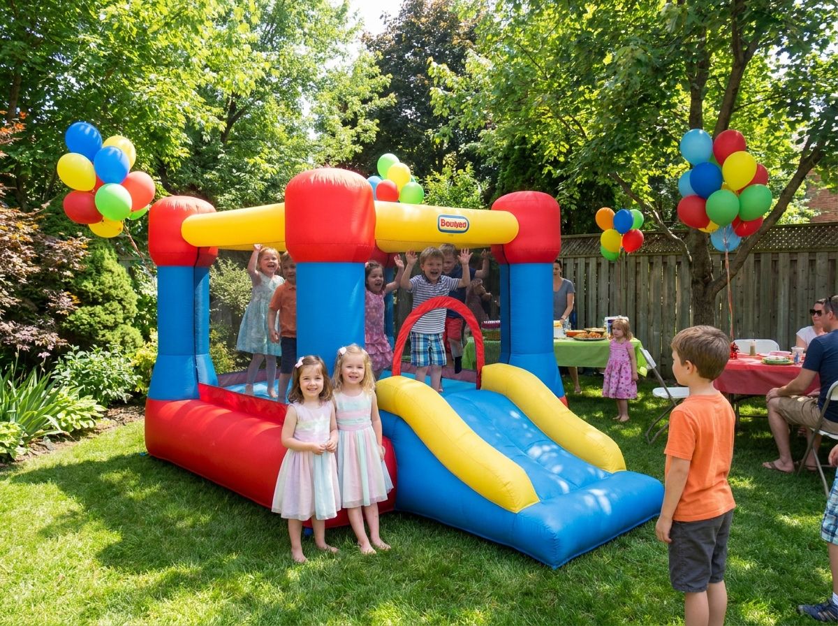 Children enjoying a colorful backyard bounce house