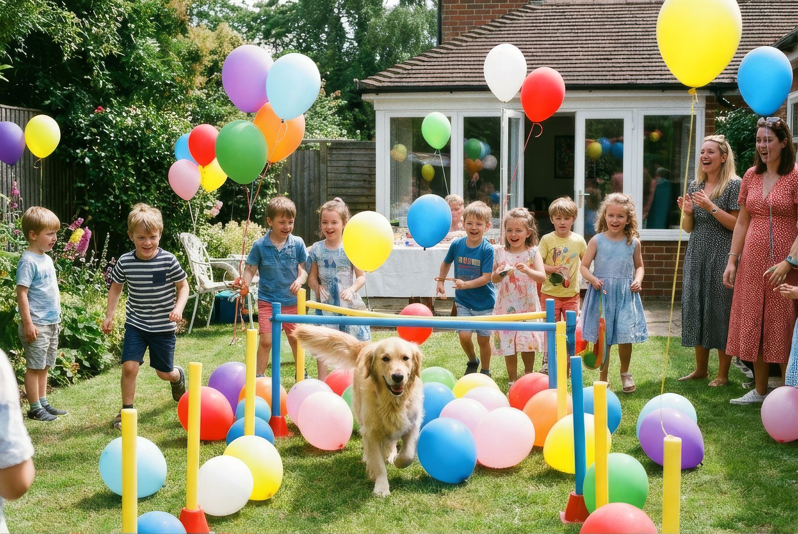 Children cheering as a dog runs through balloons at a backyard party