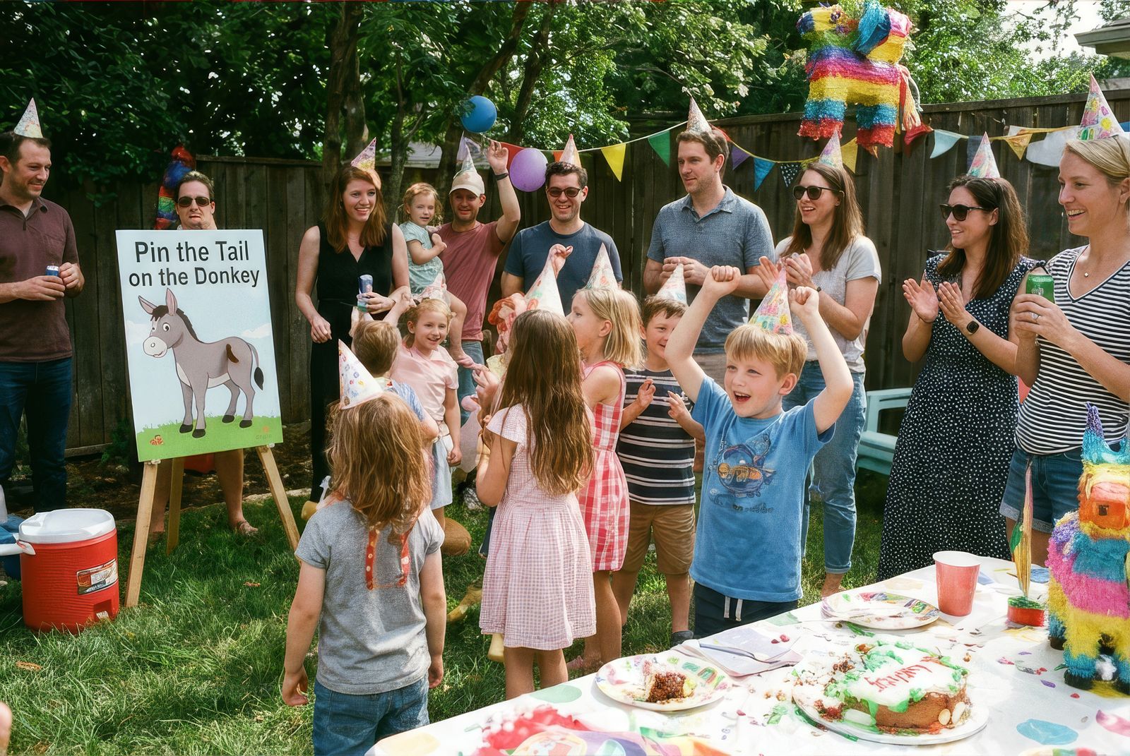 Children and adults playing Pin the Tail on the Donkey at a backyard party