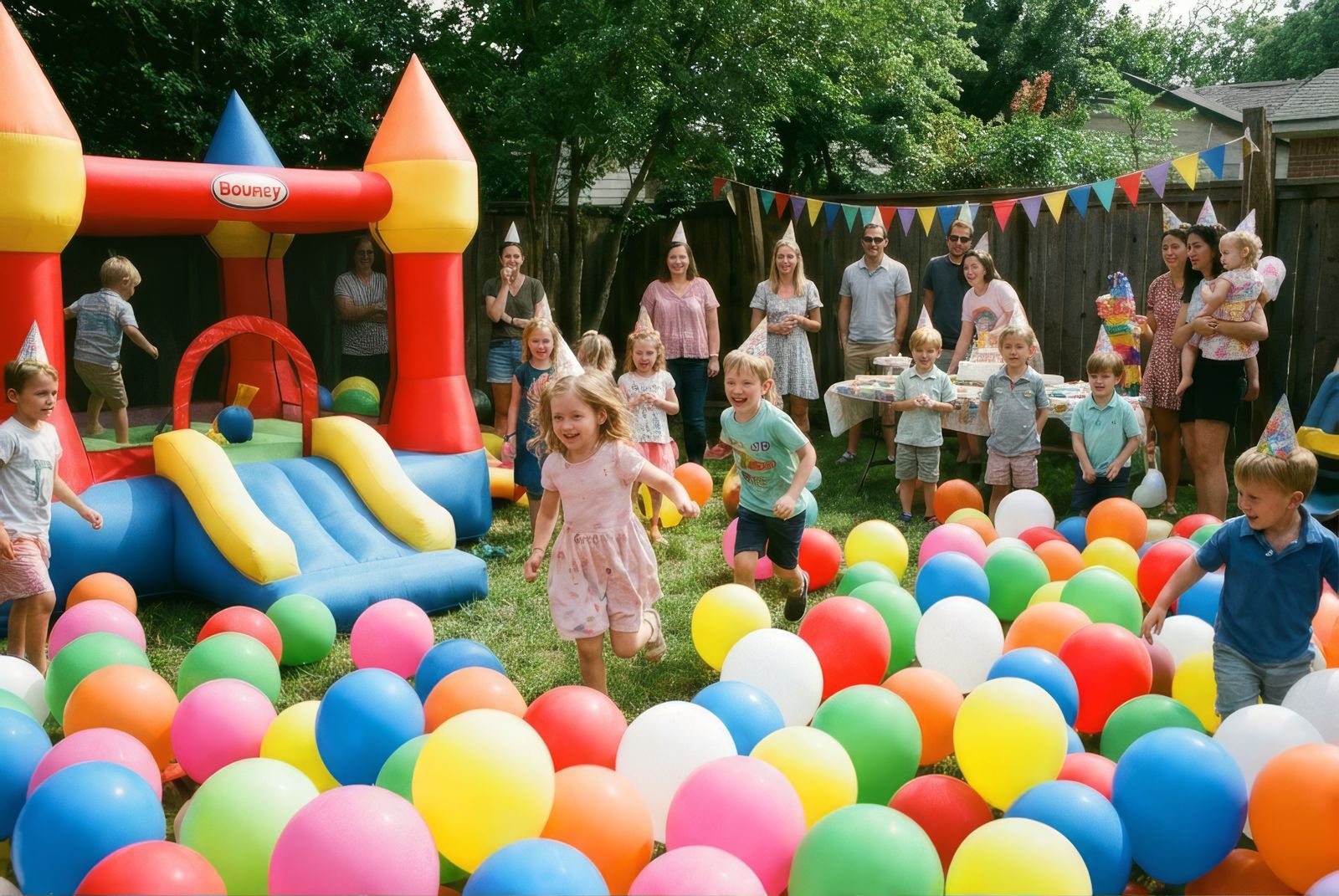 Children running through colorful balloons near a bounce house