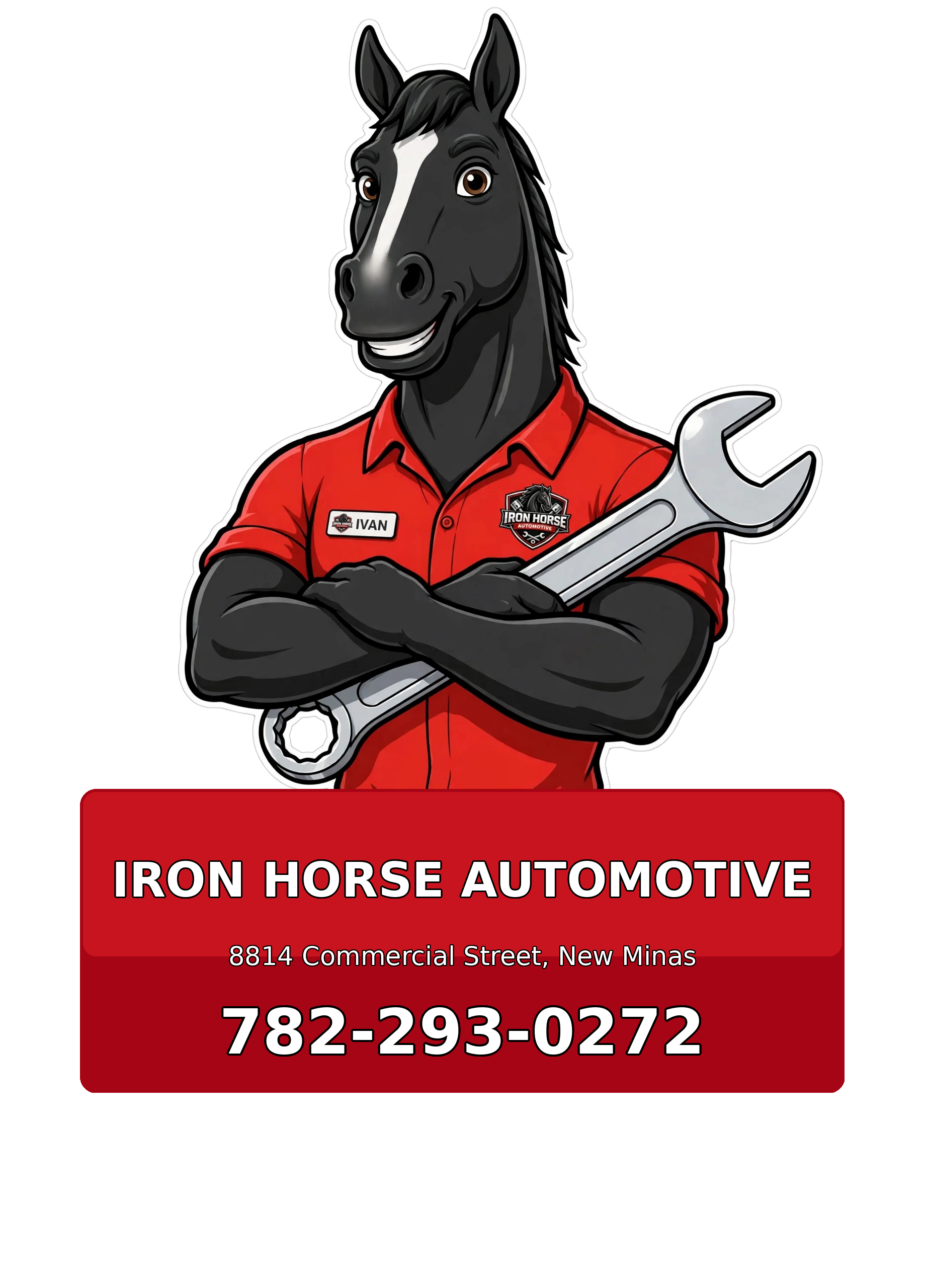 Ivan, the Iron Horse Automotive mascot, holding a wrench with crossed arms