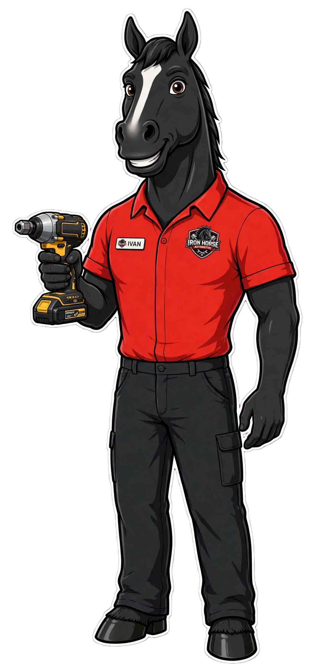 Ivan, the Iron Horse Automotive mascot, ready in the workshop