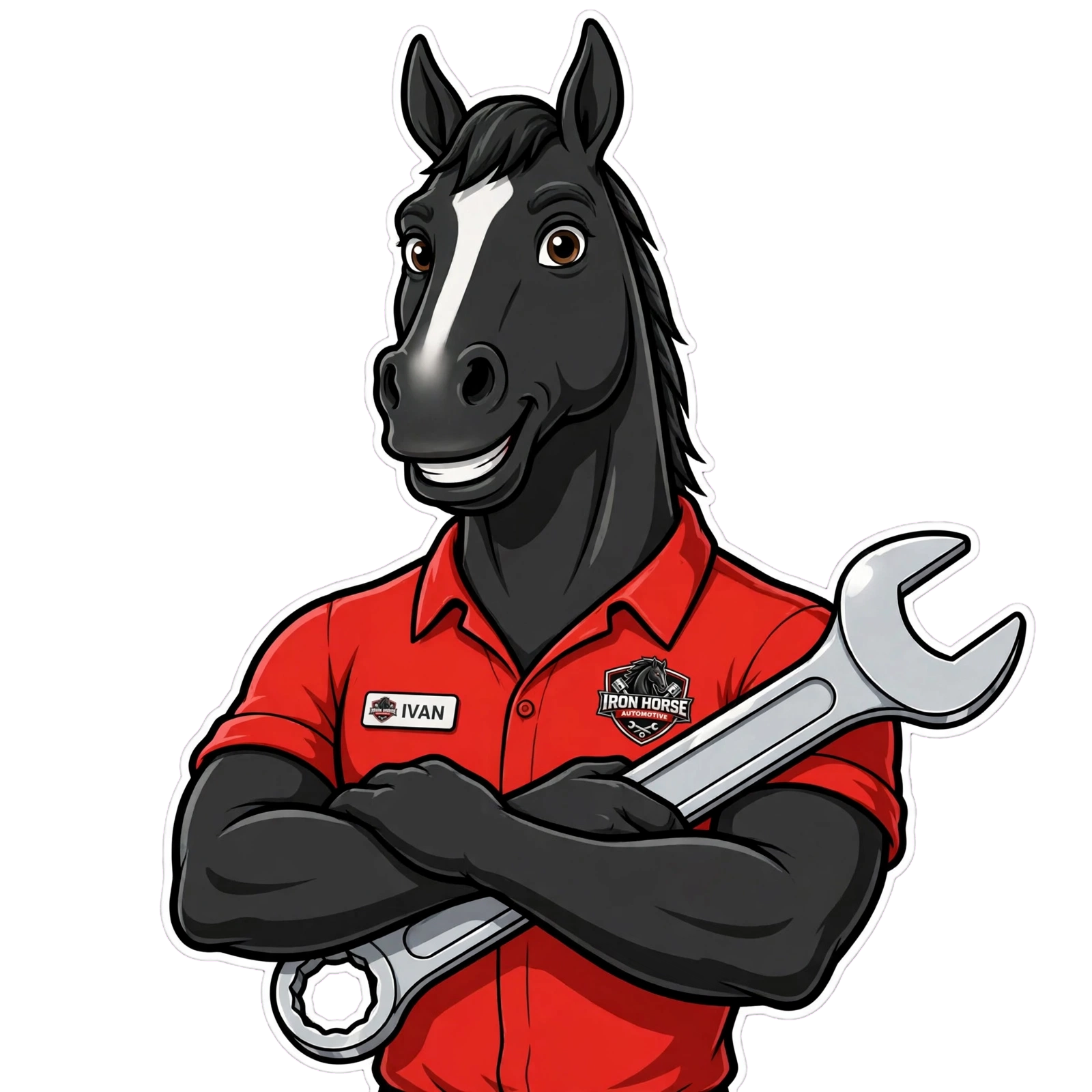 Ivan the Iron Horse Automotive mascot on the shop contact card