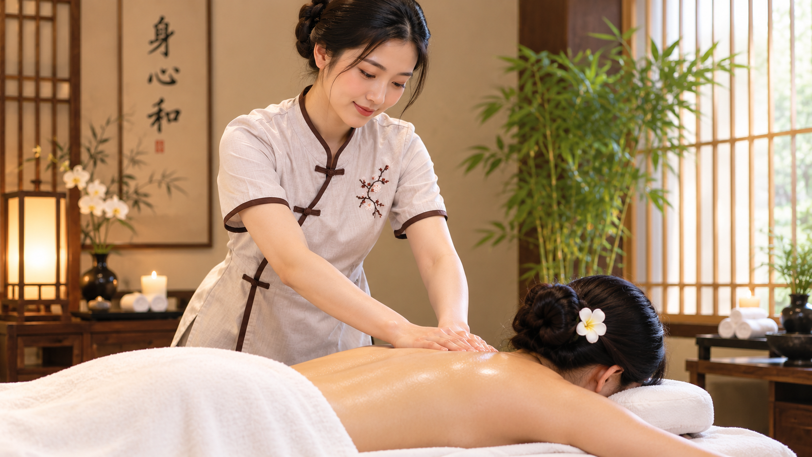 Relaxing massage therapy session in a calm massage studio