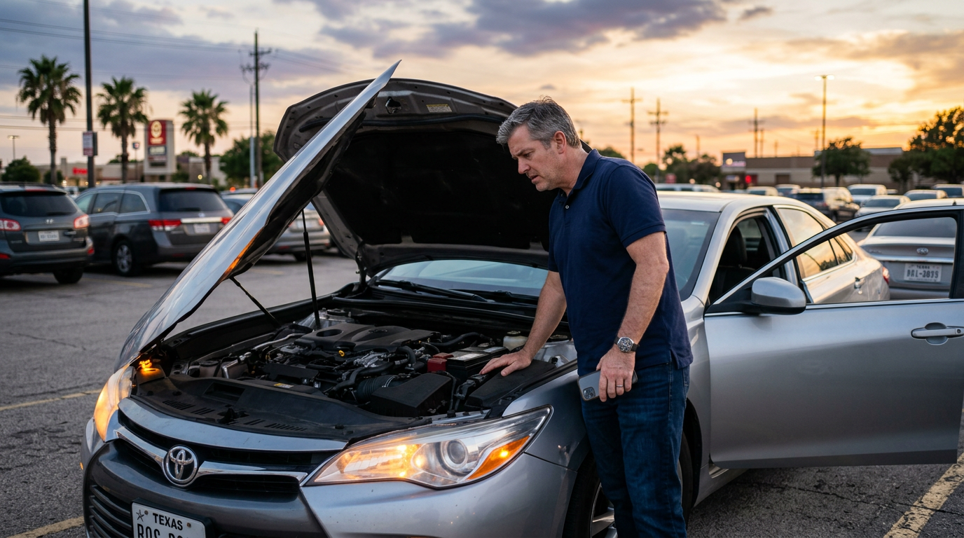 Driver checking under the hood of a silver sedan that will not start in a Texas parking lot at dusk