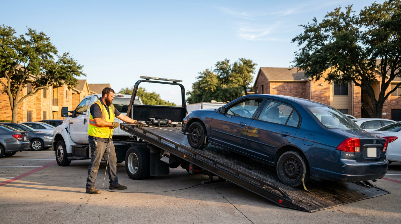 Tow operator winching a sedan with a locked wheel onto a flatbed tow truck in an Arlington, TX parking lot