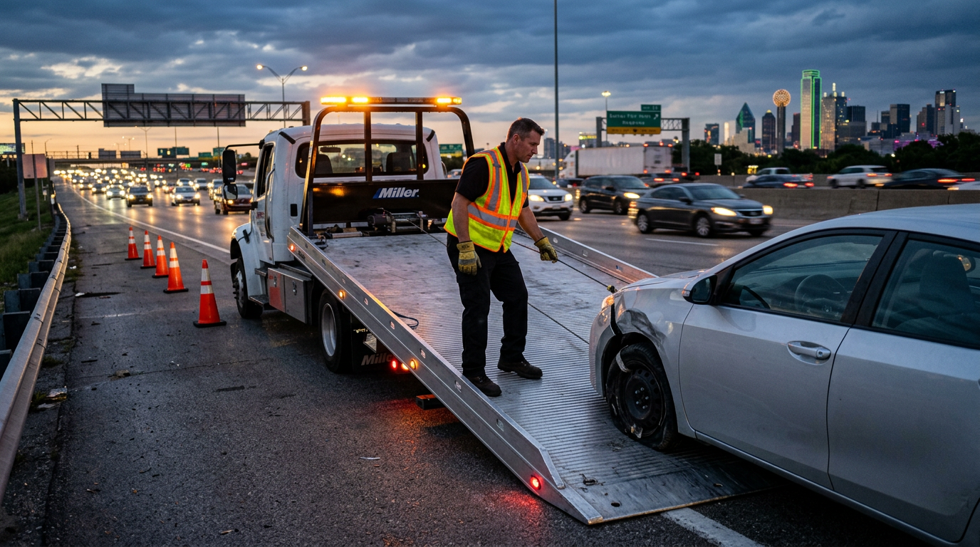 Tow operator loading a sedan with a damaged tire onto a flatbed tow truck at dusk near a DFW highway