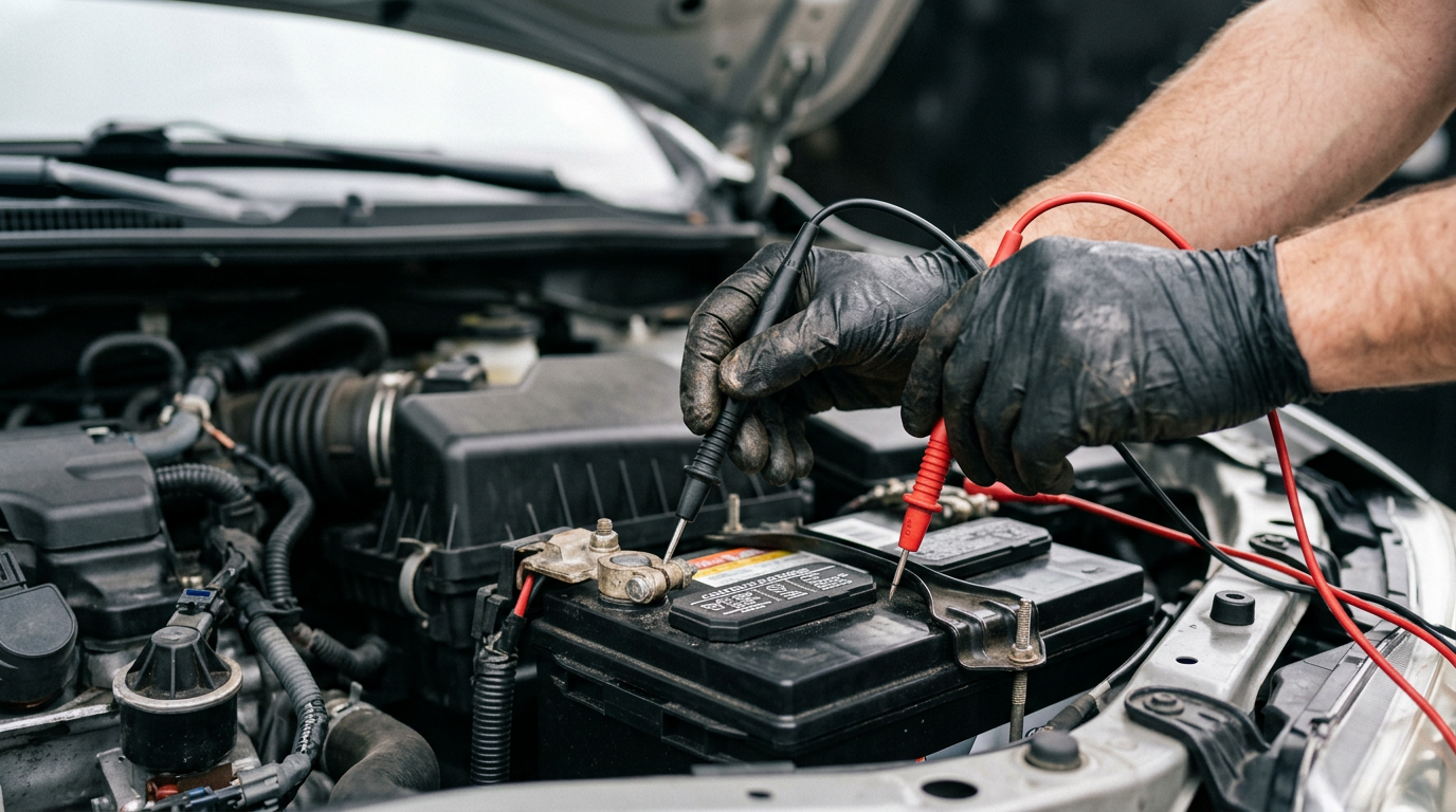 Mechanic testing a car battery's terminals with a multimeter under the hood