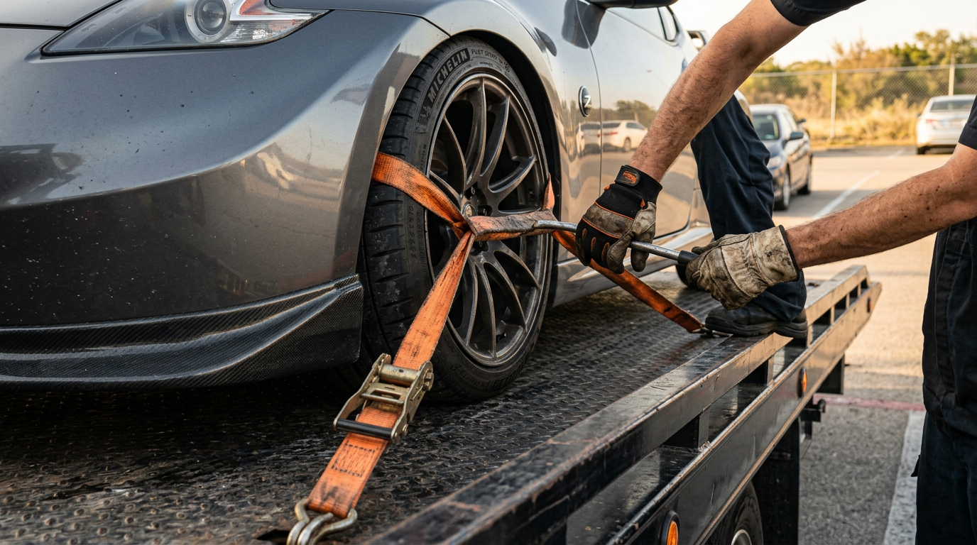 Tow operator's gloved hands securing a lowered sports car's front wheel to a flatbed deck with a ratcheting wheel strap